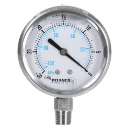 VACUUM GAUGE SS GLYCERIN - 2 1/2" -30" HG TO 0 VAC/KPA - 1/4" MNPT OUTLET AT THE BOTTOM