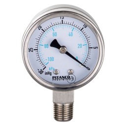 VACUUM GAUGE SS 2 1/2" -30" HG TO 0 VAC/KPA - 1/4" MNPT OUTLET AT THE BOTTOM