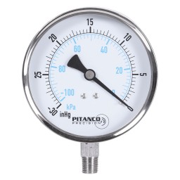 VACUUM GAUGE SS 4" -30" HG TO 0 VAC/KPA - 1/4" MNPT OUTLET AT THE BOTTOM