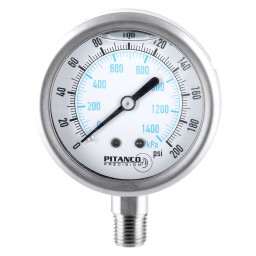 PRESSURE GAUGE SS GLYCERIN - 2 1/2" - 0@200 PSI - 1/4" MNPT OUTLET AT THE BOTTOM
