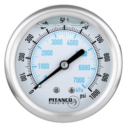 PRESSURE GAUGE SS GLYCERIN - 2 1/2" - 0@1000 PSI - 1/4" MNPT BACK OUTLET