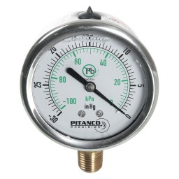 VACUUM GAUGE GLYCERIN - 2 1/2" -30" HG TO 0 VAC/KPA - 1/4" MNPT OUTLET AT THE BOTTOM