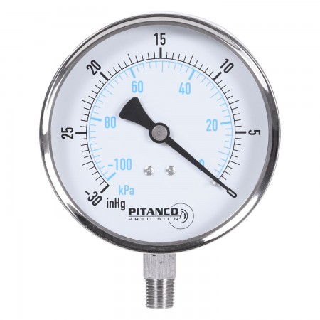 VACUUM GAUGE SS 4" -30" HG TO 0 VAC/KPA - 1/4" MNPT OUTLET AT THE BOTTOM