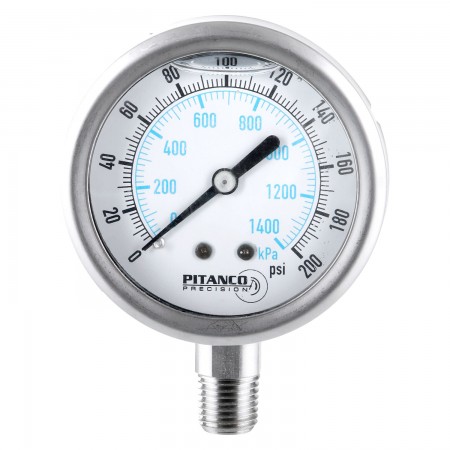 PRESSURE GAUGE SS GLYCERIN - 2 1/2" - 0@200 PSI - 1/4" MNPT OUTLET AT THE BOTTOM