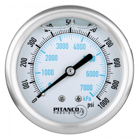 CADRAN PRESSION GLYCERINE INOX - 2 1/2" - 0@1000 PSI - SORTIE 1/4" MNPT DERRIÈRE