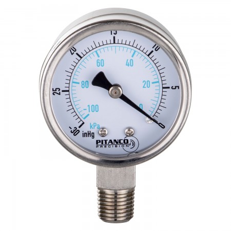 VACUUM GAUGE SS 2" -30" HG TO 0 VAC/KPA - 1/4" MNPT OUTLET AT THE BOTTOM