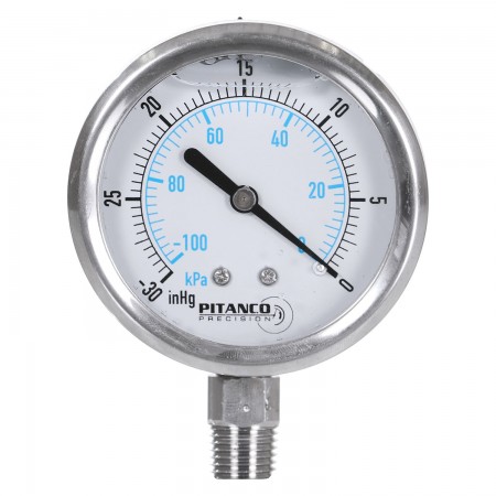 VACUUM GAUGE SS GLYCERIN - 2 1/2" -30" HG TO 0 VAC/KPA - 1/4" MNPT OUTLET AT THE BOTTOM