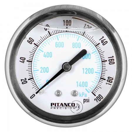 PRESSURE GAUGE SS GLYCERIN - 2 1/2" - 0@200 PSI - 1/4" MNPT BACK OUTLET