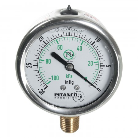 VACUUM GAUGE GLYCERIN - 2 1/2" -30" HG TO 0 VAC/KPA - 1/4" MNPT OUTLET AT THE BOTTOM